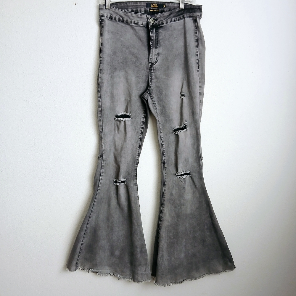 Grey Denim Distressed Flare Jeans